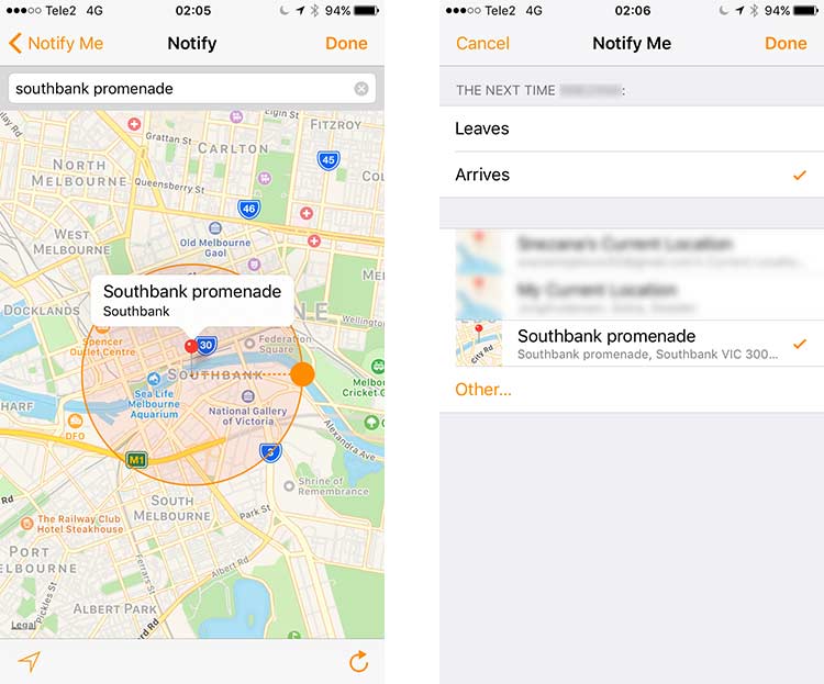 Activez la notification dans Trouver mes Amis quand votre mari arrive dans une zone